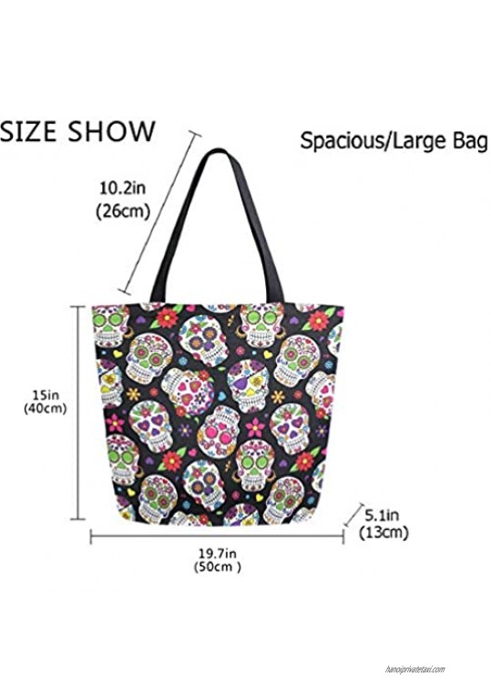 ZzWwR Chic Day of The Dead Sugar Skull Large Canvas Shoulder Tote Top Handle Bag for Gym Beach Travel Shopping