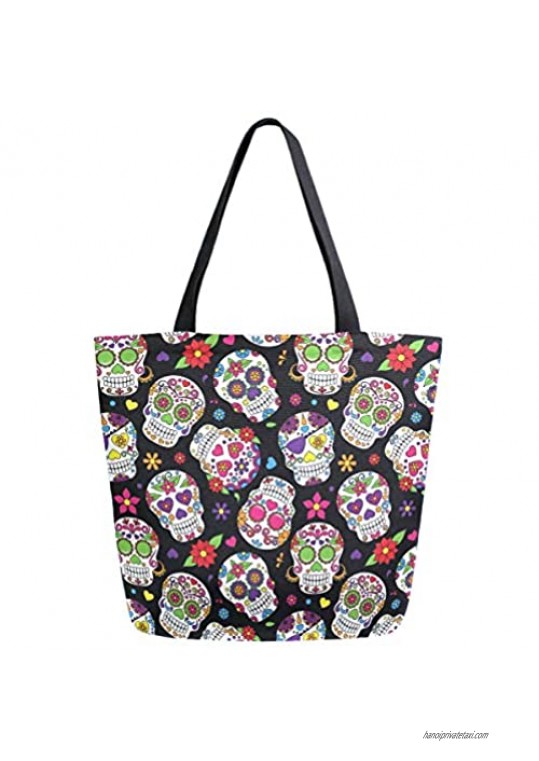 ZzWwR Chic Day of The Dead Sugar Skull Large Canvas Shoulder Tote Top Handle Bag for Gym Beach Travel Shopping