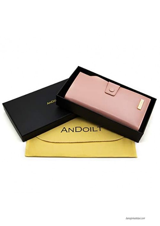 ANDOILT Women's RFID Blocking Large Capacity Luxury Wax Genuine Leather Clutch Wallet Card Holder Organizer Ladies Purse