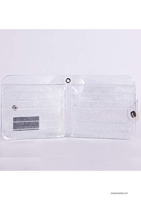 Clear Wallet for Women Bifold Wallet Purse with Lanyard Cute Jelly Coin Pouch ID Case (Silver)
