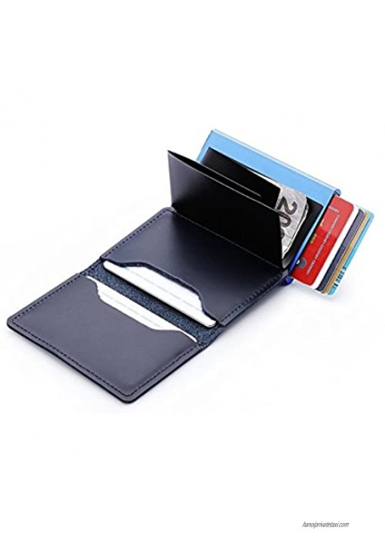 Dlife Credit Card Holder RFID Blocking Wallet Slim Wallet Cowhide Leather Vintage Aluminum Business Card Holder Automatic Pop-up Card Case Wallet Security Travel Wallet (Black Case)
