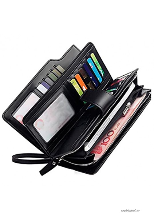 Freehorse Rfid Women's Wallets Ladies Clutch Leather Wristlet Card Phone Organizer Zipper Purse (Black)  Large