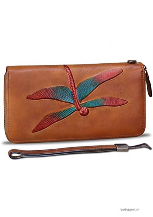 Genuine Leather Wallets for Women Zip Around RFID Blocking Wallet Purse Vintage Embossing Cowhide Capacity Handmade Clutch (Brown)