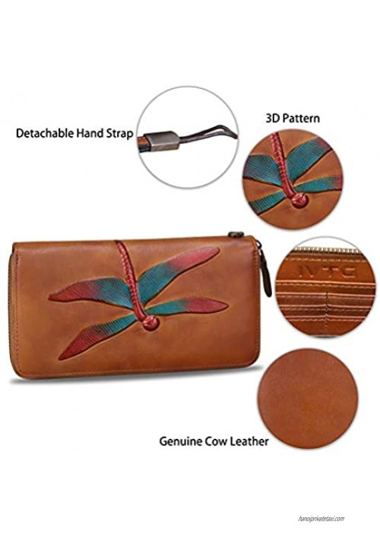 Genuine Leather Wallets for Women Zip Around RFID Blocking Wallet Purse Vintage Embossing Cowhide Capacity Handmade Clutch (Brown)