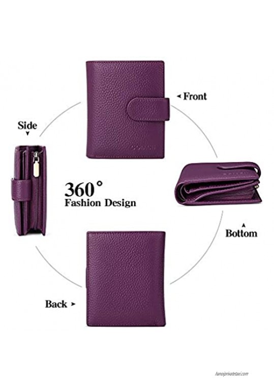 GOIACII Small Women Wallet Genuine Leather RFID Blocking Compact Bifold Zipper Pocket Purse with id Window Dark Purple