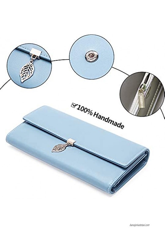 GOIACII Wallets for Women PU Leather Leaf Pendant Card Holder Phone Clutch With Zipper Pocket（Light Blue）