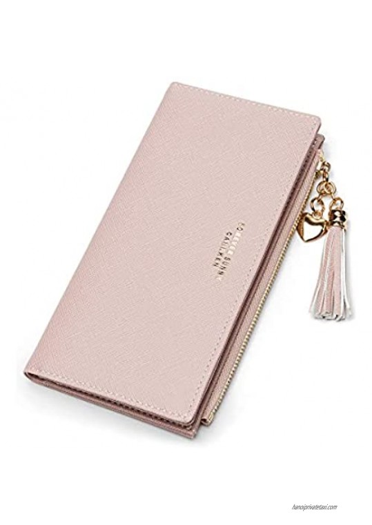 JOSEKO Womens Wallet Wallet for Women Tassel PU Leather Multi-Slots Long Wallet Slim Card Holder Purse Zipper Clutch for Women Pink