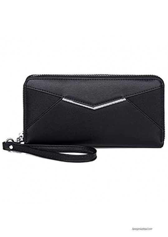 KOWENTIK Women Wallet Leather Zip Phone Clutch Large Travel Organizer Zipper Coin Purse Wristlet (Wallet tye1-Black)