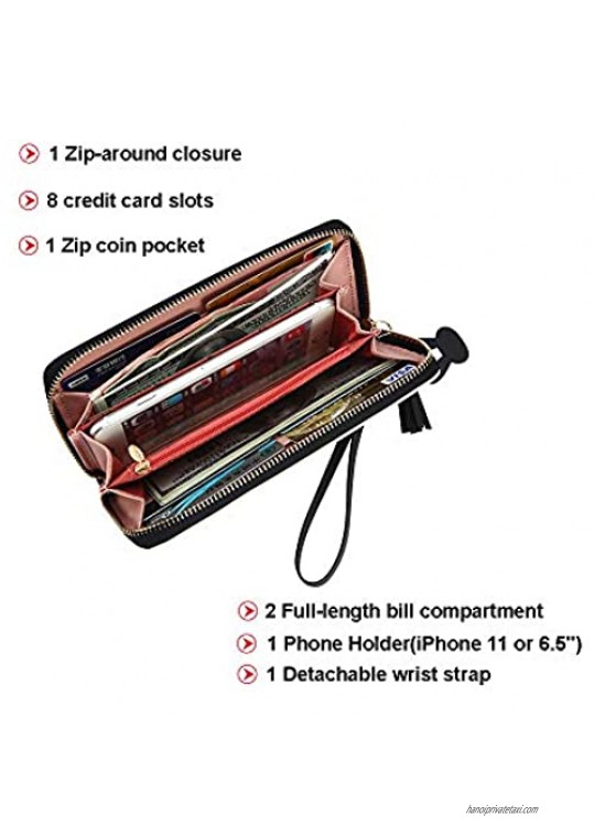 Large PU Leather Wallet for Women Long Women's Zip Around Wallet Clutch Travel Tassel Purse Wristlet In Colorblock Leather With Eight Card Slots Money Organizer and Phone Holder (Black and White 2)