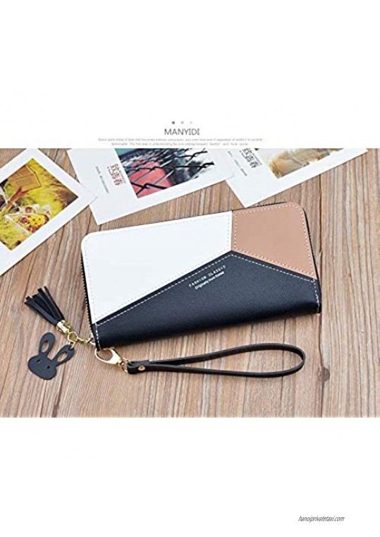 Large PU Leather Wallet for Women Long Women's Zip Around Wallet Clutch Travel Tassel Purse Wristlet In Colorblock Leather With Eight Card Slots Money Organizer and Phone Holder (Black and White 2)