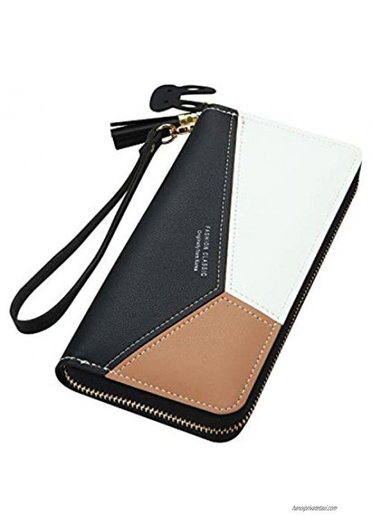Large PU Leather Wallet for Women  Long Women's Zip Around Wallet Clutch Travel Tassel Purse Wristlet In Colorblock Leather With Eight Card Slots Money Organizer and Phone Holder (Black and White 2)