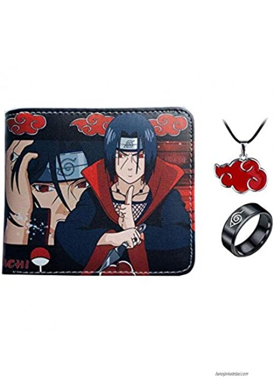 Men Boy Anime Leather Wallet Cartoon Short Purse Male Women Wallet Credit Card Holder With Necklace Ring (Color F)