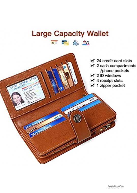 RFID Blocking Wallets for Women Large Lapacity Genuine Leather Wallet Card Holder with ID Window Organizer Ladies Purse Zipper Pocket (Brown)