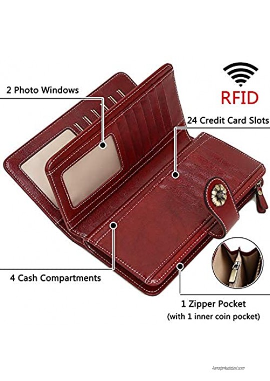 RFID Blocking Women Clutch Wallet Genuine Leather Long Wristlet Wallet Ladies Purse Credit Card Holder Coin Money Organizer