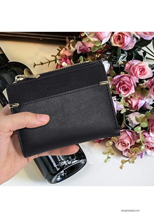 Small Wallets for Women Bifold Leather Short Wallet Lady Mini Purse Card Case Holder with ID Window (A-Black)