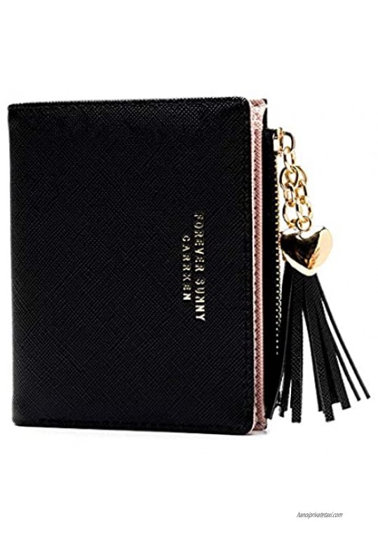 Small Wallets For Women Girls Teens Slim Wallet Ladies Purse Cute Leather Thin Coin Zipper Minimalist Elegant (Black/Small)