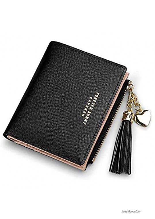 Small Wallets For Women Girls Teens Slim Wallet Ladies Purse Cute Leather Thin Coin Zipper Minimalist Elegant (Black/Small)