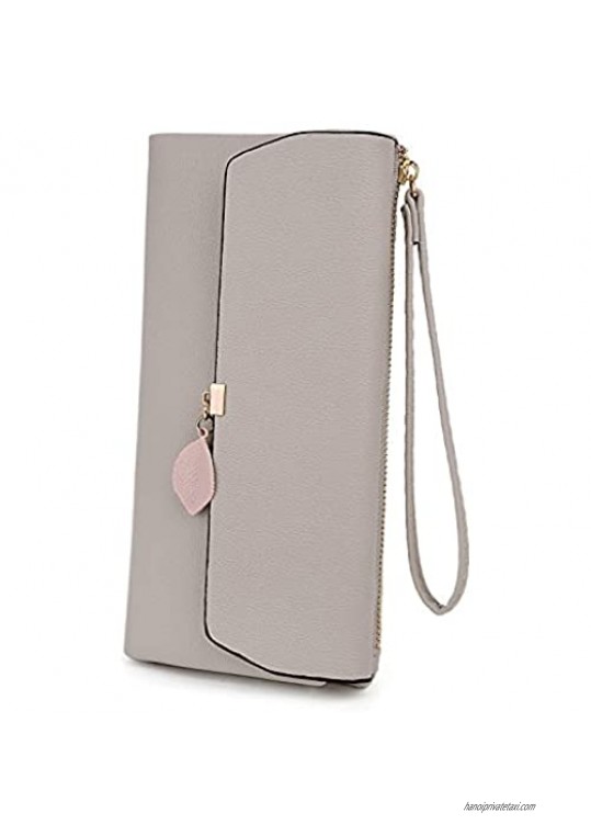 UTO-Wristlet-Wallet-for-Women-Leather PU Card Phone Checkbook Holder Zipper Coin Purse Leaf Pendant Strap