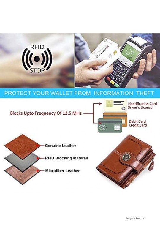 Wallets for Women Small Bifold RFID Blocking Genuine Leather Wallet Vintage Zipper Short Card Holder Ladies Purse Elegant Clutch with ID Window