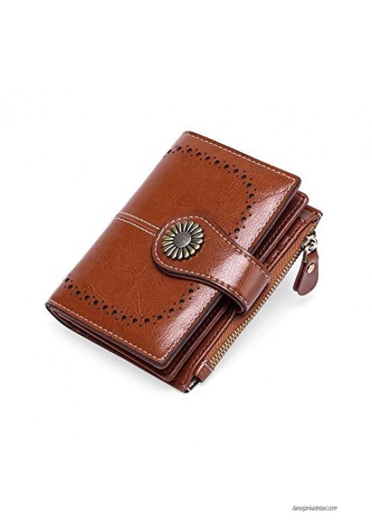 Wallets for Women Small Bifold RFID Blocking Genuine Leather Wallet Vintage Zipper Short Card Holder Ladies Purse Elegant Clutch with ID Window
