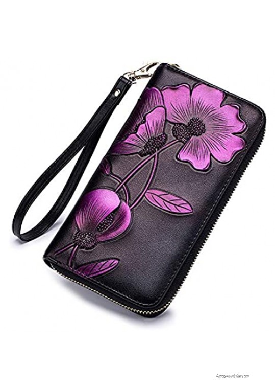 Women RFID Leather Wallet Hand Painted Flowers Ladies Wristlet Wrist strap Long Purse-Peony/Bauhinia (RFID Flower Purple)