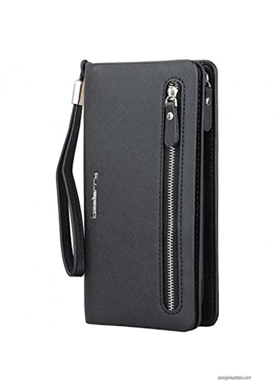 Women’s Long PU Leather Wallet with Credit Card Holders Money Organizer Zipper Purse Wristlet Handbag Clutch Wallet (A Black)
