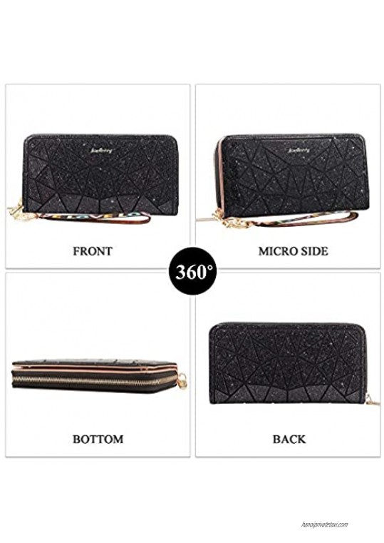 Women's Wallet RFID Blocking Glitter PU Leather Zip Around Wallet Large Capacity Clutch Wristlet Travel Purse for Women with Phone Holder Card Slots(Black)