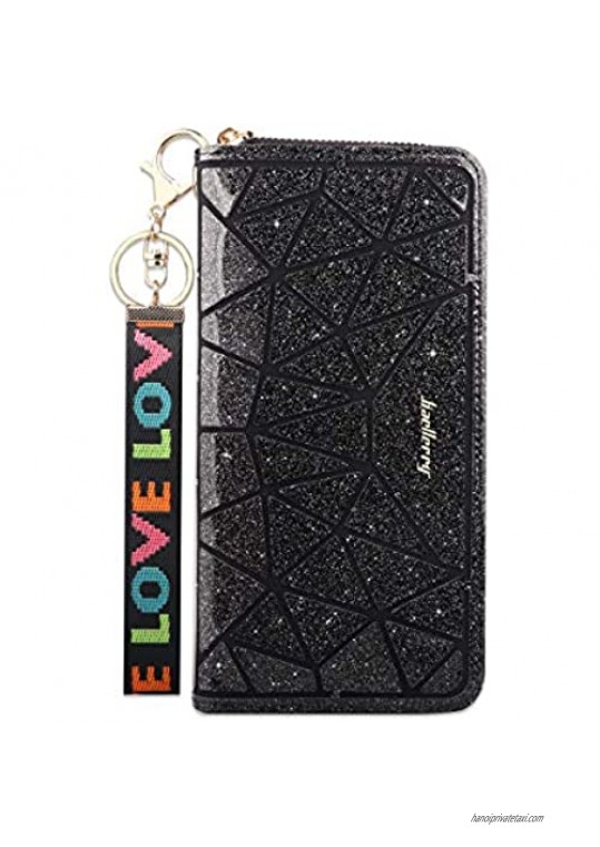Women's Wallet RFID Blocking Glitter PU Leather Zip Around Wallet Large Capacity Clutch Wristlet Travel Purse for Women with Phone Holder Card Slots(Black)