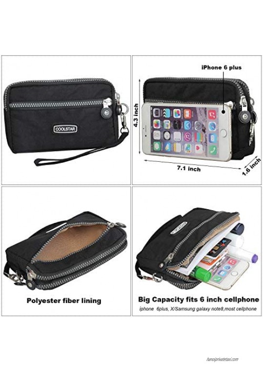 3 Zippers Clutch Wallet Waterproof Nylon Cell phone Purse Wristlet Bag Money Pouch for Women
