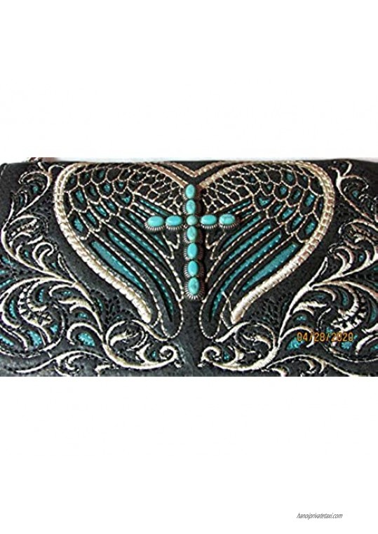 Angel Winged Cross with Turquoise Stones Bling Phone Case/Wallet/Wristlet with Snap closure Embroidered and