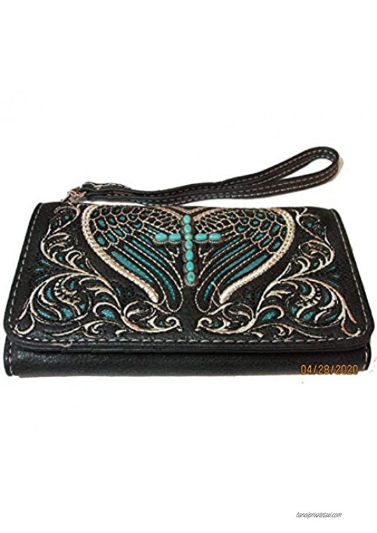 Angel Winged Cross with Turquoise Stones Bling Phone Case/Wallet/Wristlet with Snap closure Embroidered and