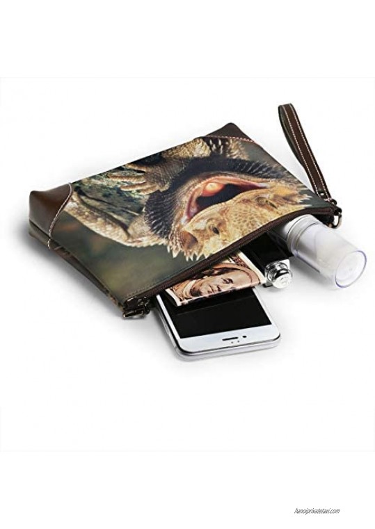 Bearded Dragon Lizards Clutch Wristlet Women's Real Leather Wallet Purse Signature with Removable Hand Strap