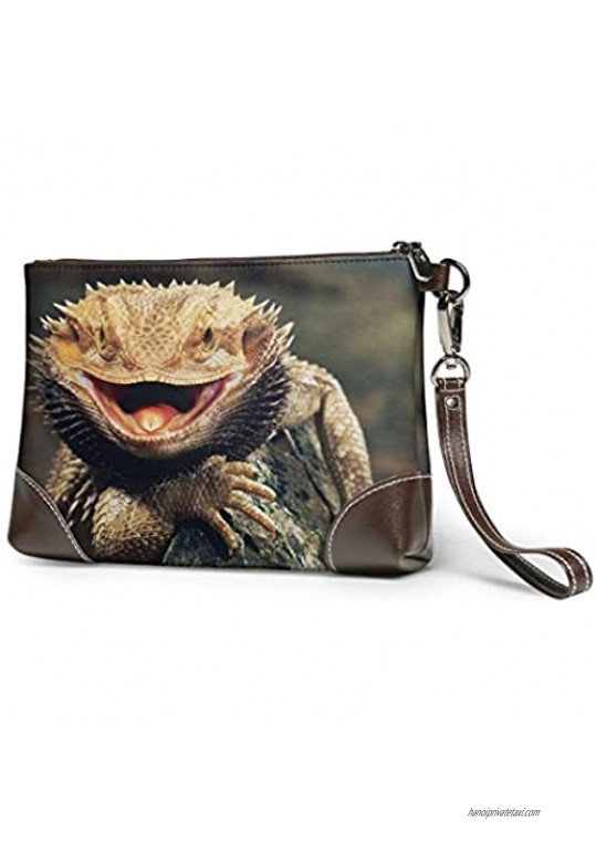 Bearded Dragon Lizards Clutch Wristlet Women's Real Leather Wallet Purse Signature with Removable Hand Strap