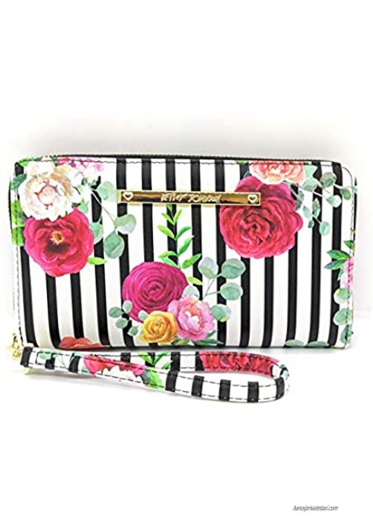 Betsey Johnson Striped Floral Zip Around Wallet/Wristlet with gold hardware (BS502150)