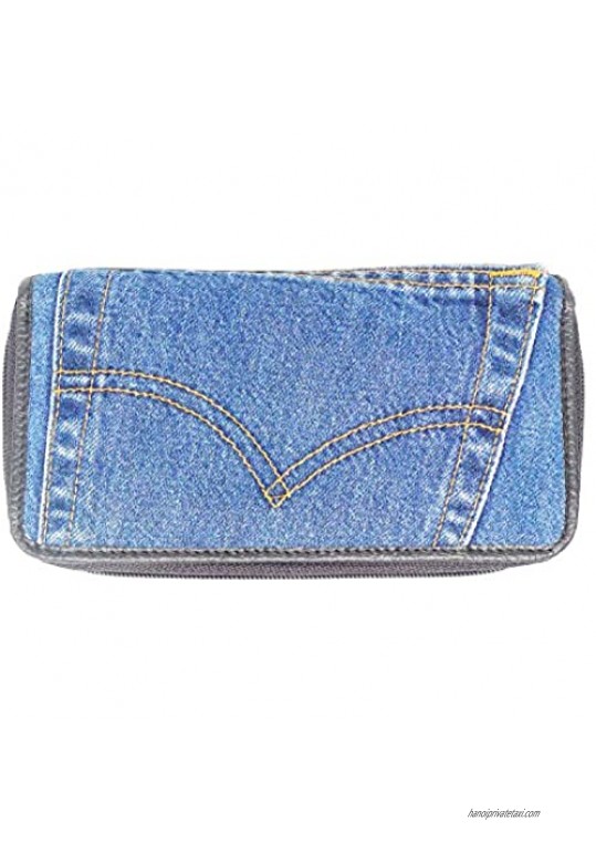 Bijoux De Ja Women Blue Denim Money Double Zipper Around Accordion Wallet Wristlet Purse Clutch DMW015