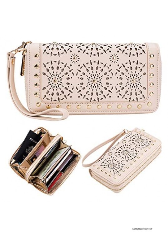 Heaye Unicorn Wallet Hollow Floral Wristlet Zip Around Pouch with Perforated Stud