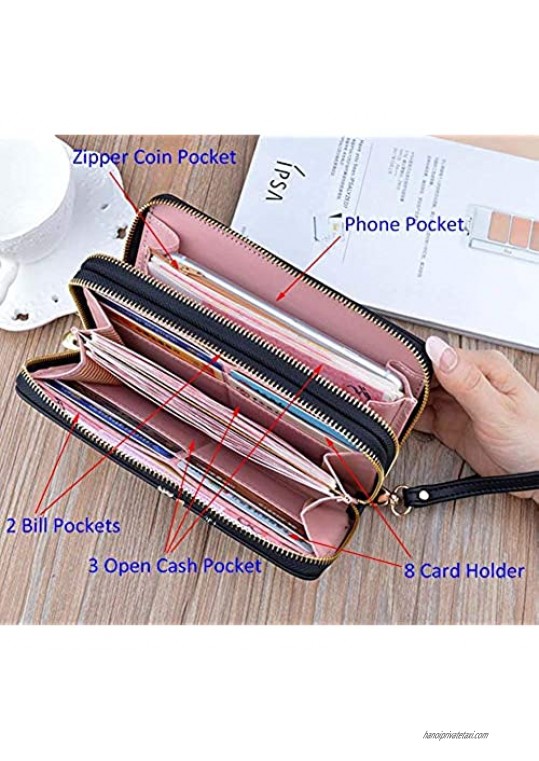 HOYOFO Womens Double Zip Wristlet Wallets Leather Phone Clutch With Removable Wristlet Long Purse for Credit Card Cash Coins (Black)