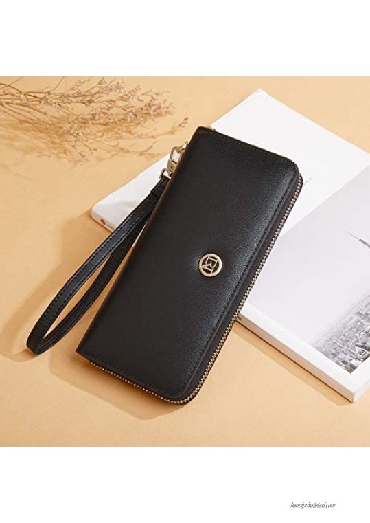 LAORENTOU Genuine Leather Wallets for Women Zip Around Clutch Wallets with Wristband Ladies Purses with Zipper Coin Pocket (Wristlet Black)