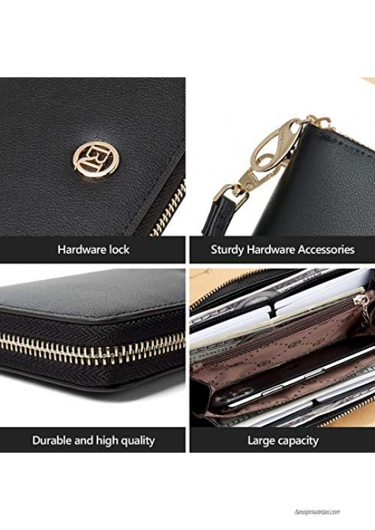 LAORENTOU Genuine Leather Wallets for Women Zip Around Clutch Wallets with Wristband Ladies Purses with Zipper Coin Pocket (Wristlet Black)