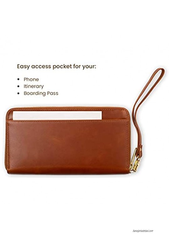 New Item - Leather Travel Wallet for Women - Genuine Leather Clutch with Wristlet RFID Blocking Zippered Closure Only 8 x 4