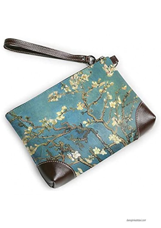 Vincent Van Gogh Blossoming Almond Tree Clutch Wristlet Women's Real Leather Wallet Purse Signature with Removable Hand Strap