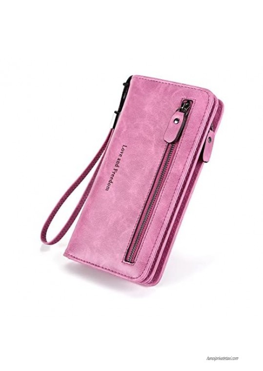 Women Leather Billfold Long Clutch Wallet with Phone Pocket Zipper Money Clip Wristlet