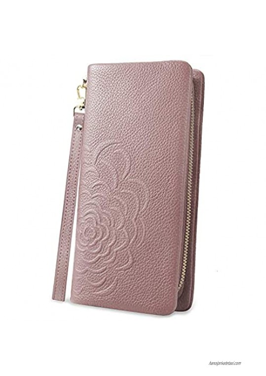Yaluxe Wristlet Clutch Flower Design Rose Genuine Leather Wallet for Women with Wristlet Strap
