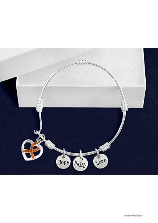 10 Pack Kidney Cancer Awareness Bangle Bracelets with Orange Crystal Ribbon Charm (10 Bracelets Individually Bagged)