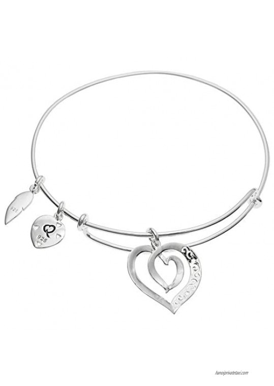 925 Sterling Silver Mother Daughter Forever Love Heart Charm Adjustable Wire Bangle