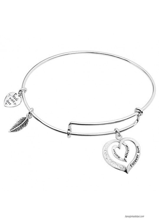 925 Sterling Silver Mother Daughter Forever Love Heart Charm Adjustable Wire Bangle