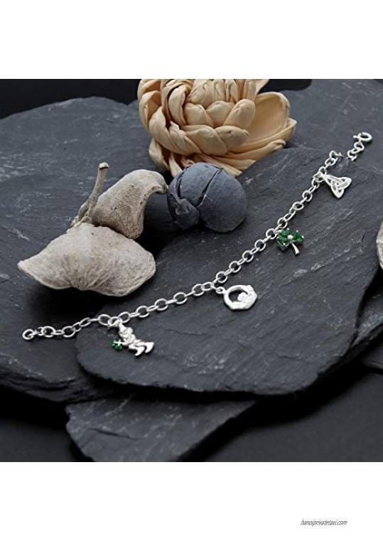 Alexander Castle Sterling Silver Irish Charm Bracelet with Leprechaun Claddagh Shamrock and Trinity Charms. Comes in a Jewelry Presentation Gift Box