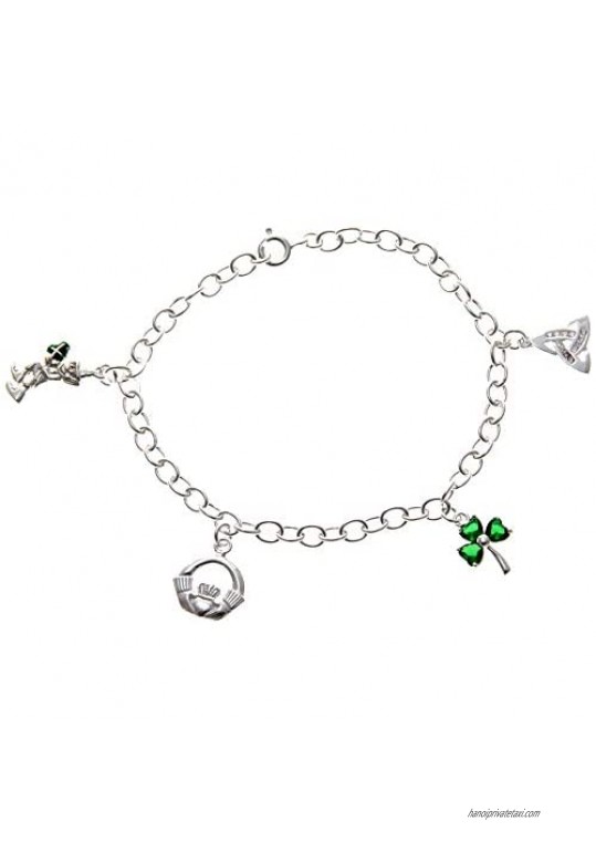 Alexander Castle Sterling Silver Irish Charm Bracelet with Leprechaun  Claddagh  Shamrock and Trinity Charms. Comes in a Jewelry Presentation Gift Box