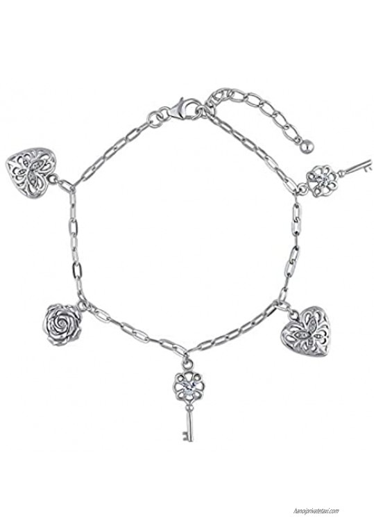 BERRICLE Rhodium Plated Sterling Silver Cubic Zirconia CZ Key Heart Rose Flower Fashion Charm Bracelet