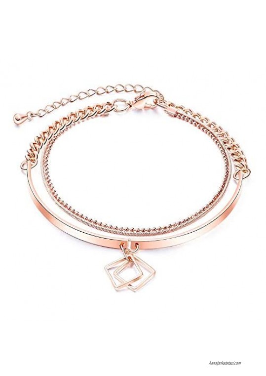 Delicate Rose Gold Bracelet with Minimalist Geometrical Charm for Women Girls Metal Layered Bangle Wrap Bracelets Ball Bead Chain Adjustable Fashion Friendship Wedding Jewelry